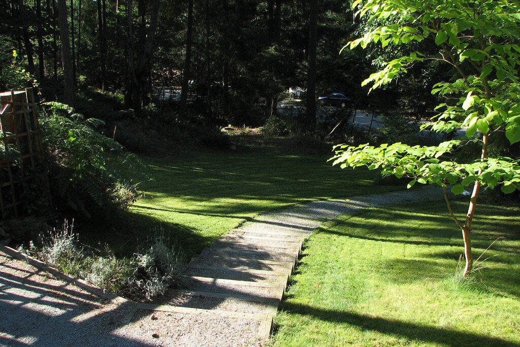 Shaded garden with a freshly mown lawn sweeping beside gravel steps